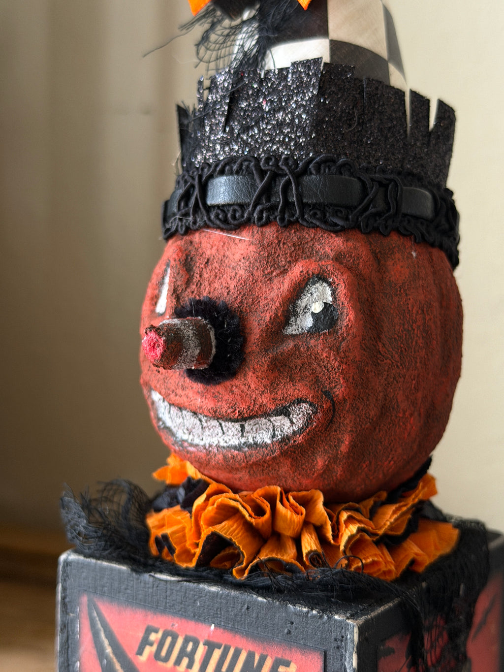 Spun cotton, paper mache and wood assemblage sculpture